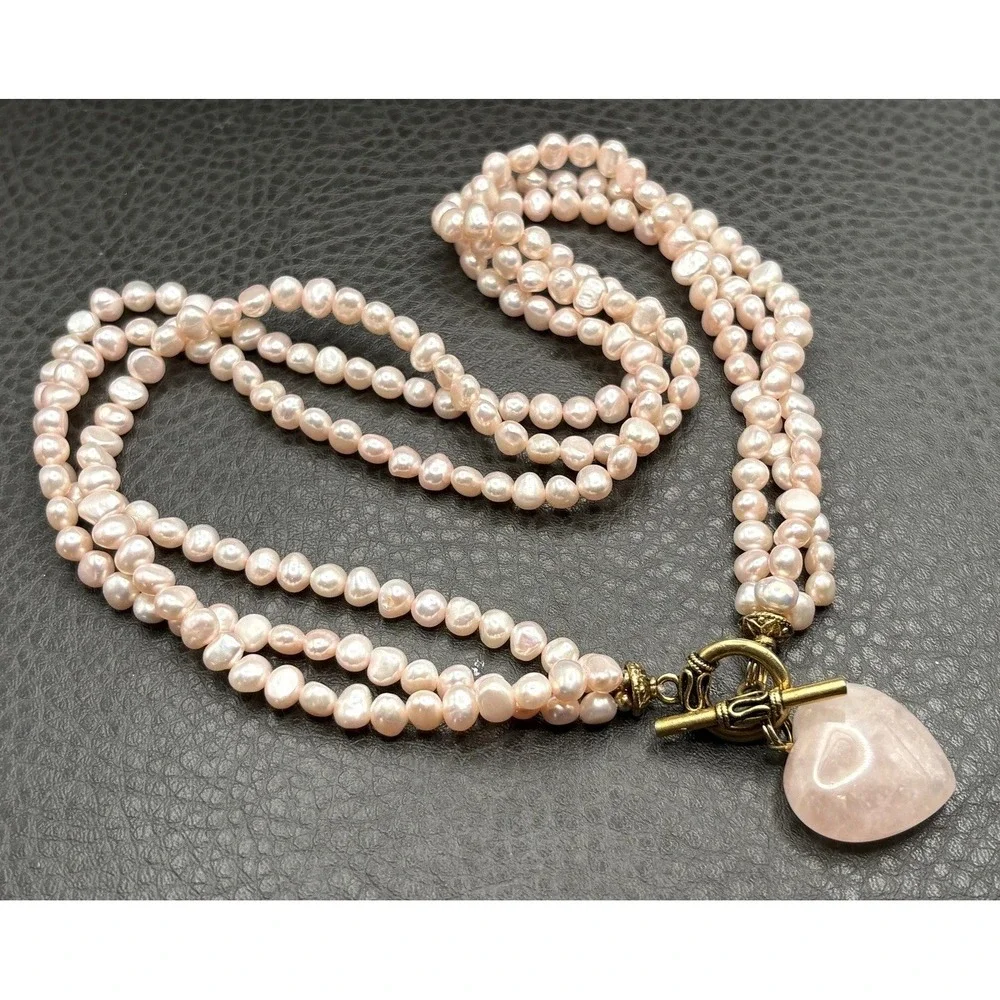 Multi Strand Rose Quartz Heart Pendant Pink Pearl Beaded Necklace Toggle Clasp